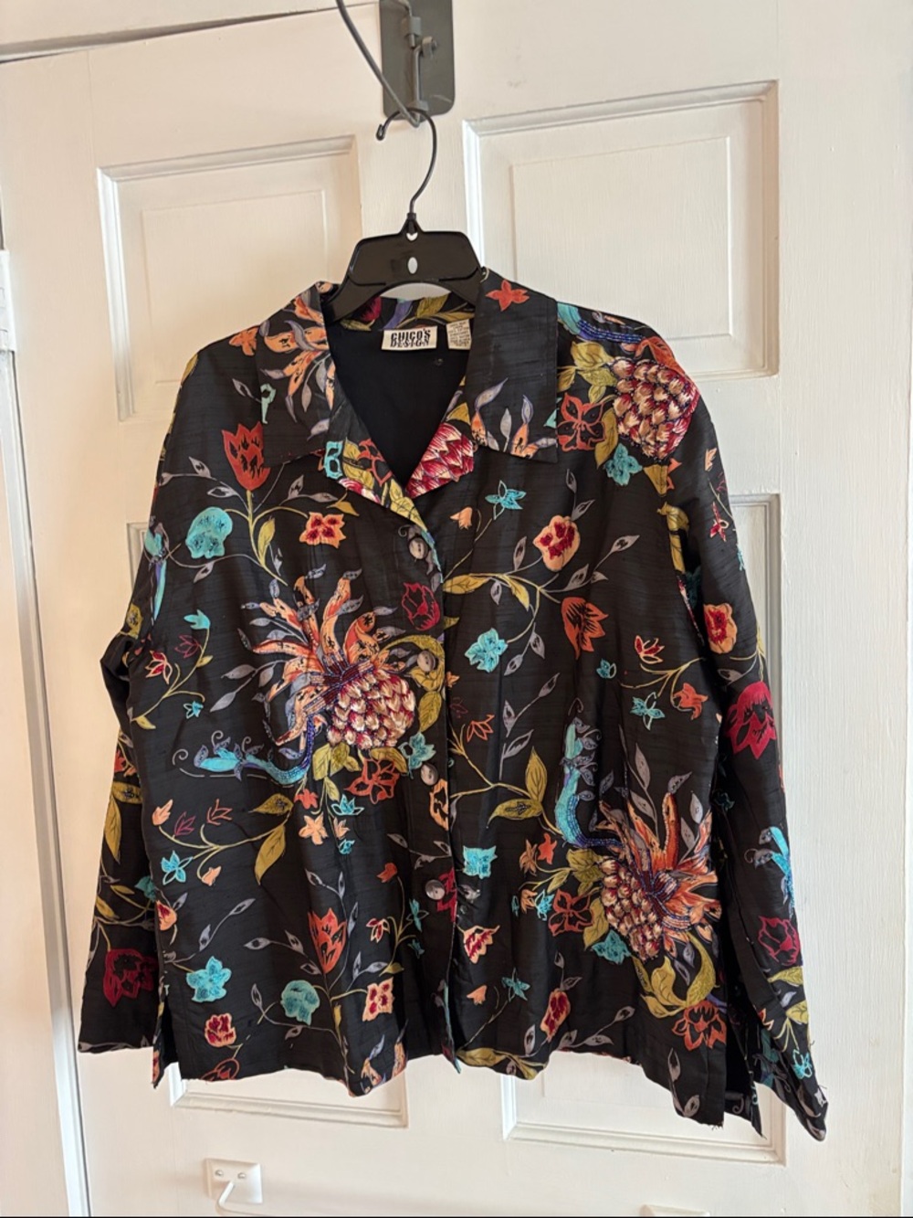 Chico's Black Floral Silk Beaded and Embroidered Jacket